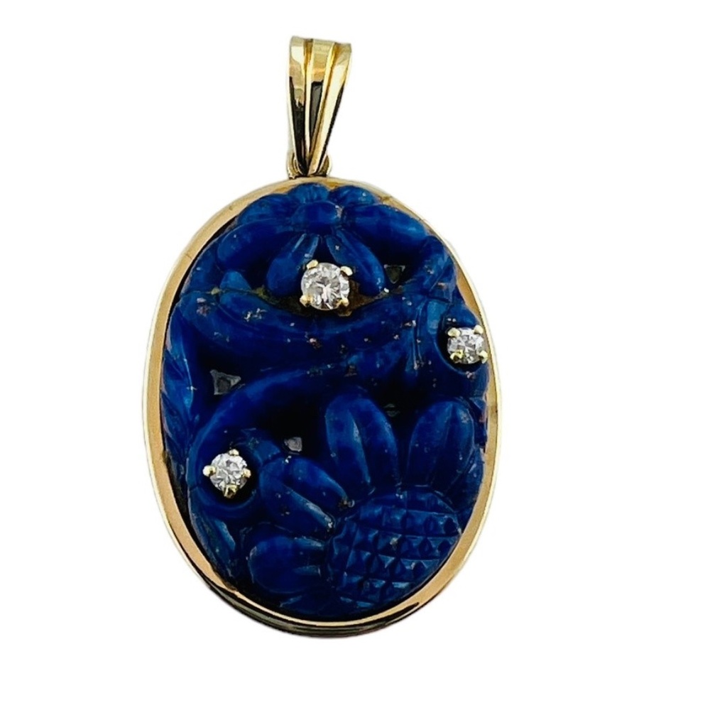 Antique 14K Yellow Gold Carved Lapis Lazuli and Diamond Pendant #15999